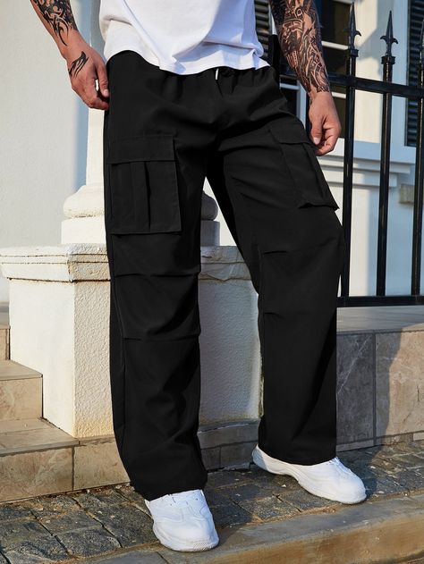 Black Street Collar  Fabric Plain Cargo Pants Embellished Non-Stretch All Men Plus Size Clothing Men Black Cargo Pants Outfit, Black Cargo Men Outfit, Six Pocket Pants Men, Black Cargos Outfit Men, Outfit Cargo Noir, Cargo Black Pants Outfit, Black Cargos Outfit, Cargo Pants Men Black, Black Cargo Outfit