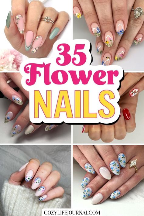 Colorful flower nail designs with "35 Flower Nails" text in the center, showcasing various floral patterns on manicures. Nail Ideas Flowers Simple, Flower Ring Finger Nails, Bright Flower Nail Designs, Delicate Floral Nails, Spring Themed Nails, Pink Floral Nail Designs, Pink Flower Nail Designs, Floral Almond Nails, Easy Flower Nails