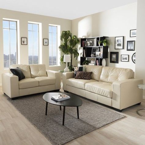 Baxton Studio Whitney Modern Ivory Faux Leather Sofa and Loveseat Set  ($1,189) ❤ liked Cream Leather Sofa Living Room, Leather Sofa Decor, Beige Sofa Living Room, Cream Sofa Living Room, White Sofa Set, White Leather Couch, Creme Sofa, Cream Leather Sofa, Contemporary Leather Sofa