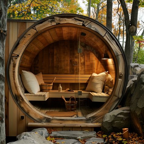 Create the Ultimate Outdoor Sauna and Hot Tub Retreat: 13 Ideas - DreamyHomeStyle Barrel Sauna Ideas, Sauna By The Lake, Spa Rooms Ideas Decor, Cabin Terrace, Outdoor Spa Area Ideas, Diy Sauna Outdoor, Outdoor Sauna Ideas Backyards, Outdoor Sauna And Hot Tub, Backyard Sauna