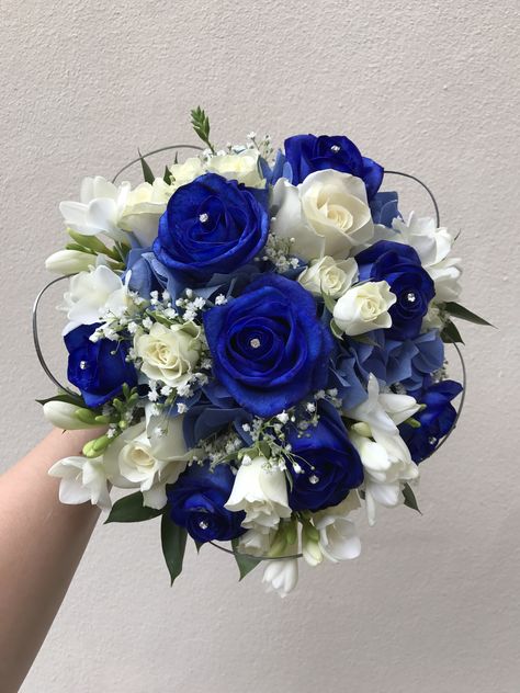 Royal Blue Bridal Bouquet, Prom Bouquet For Royal Blue Dress, Royal Blue Hoco Bouquet, Royal Blue Prom Bouquet Ideas, Blue Quince Flowers, Bouquet For Royal Blue Dress, Blue Prom Bouquet Ideas, Blue Theme Bouquet, Royal Blue Prom Flowers