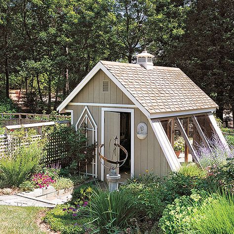 Glass panels prove a boon when it comes time to nurture seedlings and cool-season transplants. Details such as a cupola make this pretty garden shed a welcome addition to a range of garden styles and landscapes. Shed Greenhouse, Small Shed, Greenhouse Shed, Home Greenhouse, Shed Plan, Greenhouse Plans, Garden Tool Storage, Backyard Sheds, Backyard Shed