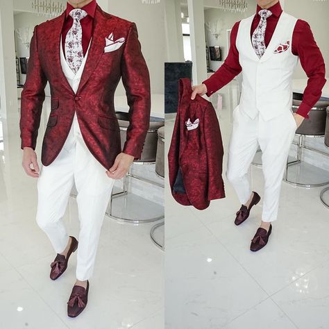 Black And Red Tuxedo Wedding Groom Suits, White Wedding Suits For Men, Red Black And White Wedding, Red Tux, Red And White Suit, Mens White Suit, Suit For Men Wedding, Red Gold Wedding, Dinner Jackets