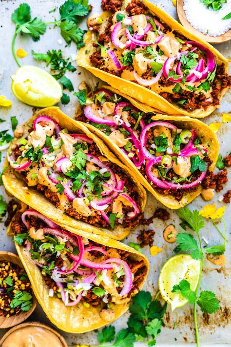 Best Vegan Taco Recipe - easy vegan taco meat - Two Spoons Vegetarian Tacos Recipes, Vegan Tacos Recipes, Vegan Tacos Meat, Soup Recipe Ideas, Vegetarian Taco, Vegan Ground Beef, Salads Recipes For Dinner, Easy Taco Recipes, Vegan Queso