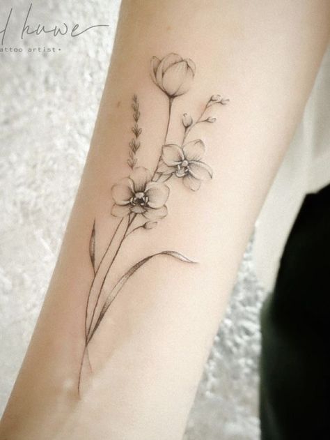 Small Arm Flower Tattoos For Women, Small Flower Arm Tattoo, Delicate Arm Tattoos For Women, Small Pretty Tattoos For Women, Minimalist Arm Tattoos For Women, 2 Kids Tattoo Ideas For Moms, 86 Tattoo, Delicate Feminine Tattoos, Orchid Flower Tattoos