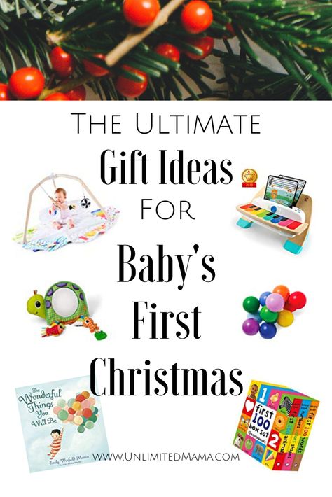 Sharing a list of gift ideas for baby’s first Christmas. Giving ideas for both boys and girls, the list even includes ideas for stocking stuffers! Newborn Christmas Gifts, Baby's First Christmas Gifts, Baby Gift Guide, Ultimate Gift Guide, Baby Christmas Gifts, First Birthday Gifts, Baby's First Christmas, Developmental Toys, Baby Learning