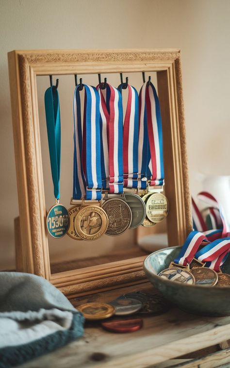 A DIY medal display project featuring a homemade frame and hooks to showcase race medals. Ways To Display Medals, Diy Medal Display, Medal Display Ideas, Diy Medal, Display Medals, Hanging Medals, Race Bib Holder, Race Medal Displays, Marathon Medal Display