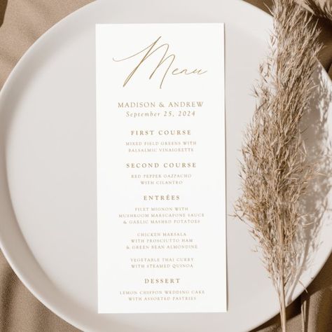 Modern Elegance Gold Wedding Menu Menu With Guest Name, Quinoa Desserts, Modern Elegance Wedding, Green Beans Almondine, Simple And Elegant Wedding, Elegant Wedding Menu, Elegance Wedding, Lemon Chiffon, Chicken Marsala