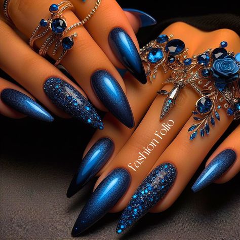 Long Almond Shaped Nails Designs, Dark Birthday Nails, Blue Silver Nail Designs, Deep Blue Nails Designs, Dramatic Nails Acrylic, Dark Blue Nails Ideas, Winter Nails Dark, Dark Blue Nail Designs, Blue Nails Design