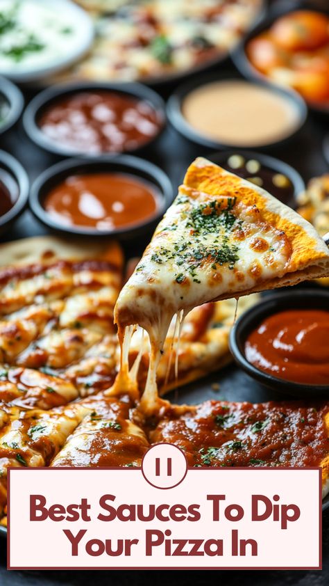 A close-up of a pizza slice being dipped into a creamy garlic butter sauce, surrounded by various dipping sauces like marinara and BBQ, ready for a delicious meal. Sauce For Pizza, Pizza Dipping Sauce, Best Sauces, Sauce Ideas, Unique Pizza, Pizza Dip, Pizza Sauce Recipe, Dipping Sauces, Pizza Night