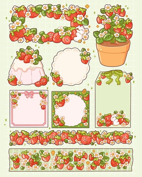 Strawberry Planner, Strawberry Stickers, Bullet Art, Note Pad Design, Homemade Stickers, Scrapbook Printing, Pretty Planners, Scrapbook Stickers Printable, Bullet Journal Design Ideas