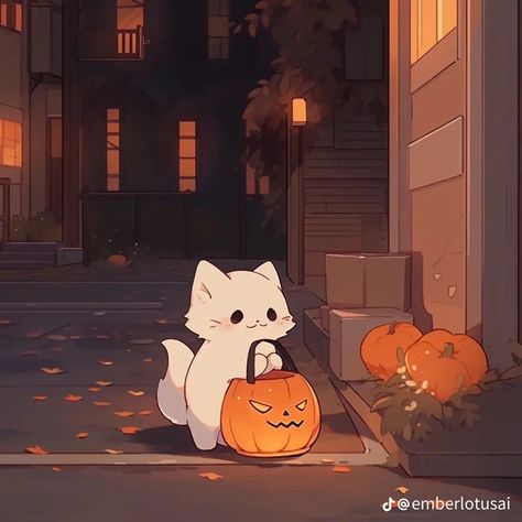 Cute Halloween Animals Drawing, Autumn Cat Pfp, Cute Halloween Pfp Aesthetic, Pumpkin Head Pfp, Autumn Anime Pfp, Spooky Icons Aesthetic, Aesthetic Fall Pfp, Fall Anime Aesthetic, October Pfp