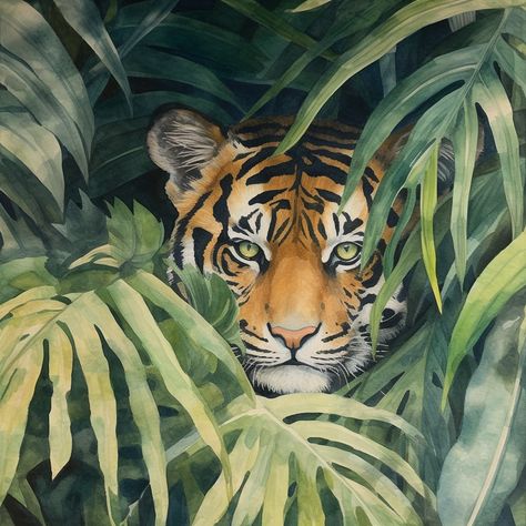 Tiger Watercolor Painting Easy, Tiger Landscape, Watercolor Painting Easy, Butterfly Animal, Animal Poses, Tropical Painting, Biology Art, Tiger Painting, Cat Art Illustration