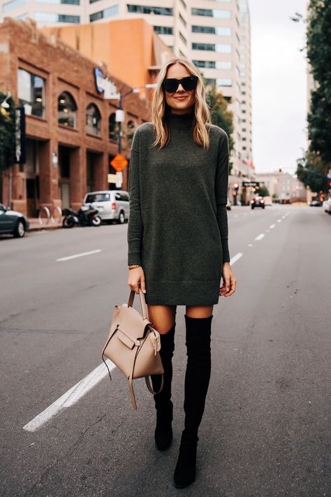 Dresses With Tights And Boots, Sweater Dress Boots, Otk Boots Outfit, Fall Clothing Essentials, Green Sweater Dress, Outfit Essentials, Stylish Fall Outfits, Effortless Outfit, Fashion Jackson