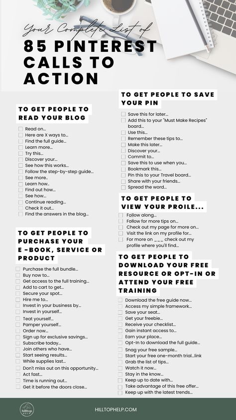 Calls to action are a key piece to finding success on Pinterest as a business owner. Are you struggling to get your audience to engage with your business content? This list of 85 Calls to Action you can use across all social media platforms is going to save you so much time and energy when you get writer's block! Use these to promote your products, services, blog posts, podcast episodes, email list, and more! Download the free guide today! Social Media Manager Services List, Calls To Action Ideas, Blog Post Ideas For Small Business, Call To Action Ideas Social Media, Freebies For Small Business, Promoting Your Business Social Media, Social Media Call To Action, Call To Action Ideas, Call To Action Examples