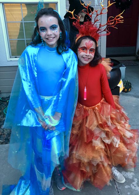 Water and fire Nymph Fire Witch Costume, Ember Elemental Costume, Four Elements Halloween Costume, Fire And Water Costume, Elemental Costume Ideas, Fire Boy And Water Girl Costume, Fireboy And Watergirl Costume, Fire Costume Ideas, Elements Halloween Costume