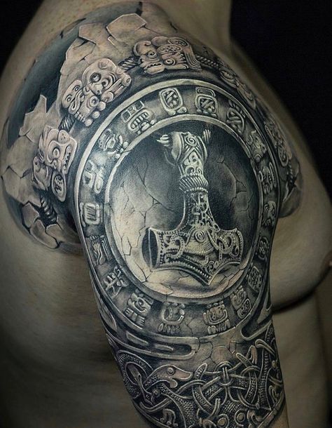 Thor Hammer Tattoo, Mjolnir Tattoo, Armour Tattoo, Thor Tattoo, Historical Tattoos, Shoulder Armor Tattoo, Norse Mythology Tattoo, Viking Tattoo Symbol, Viking Tattoo Sleeve