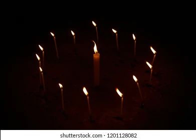 circle of candles - Google Search Lightning Spell, Seven Archangels, Esoteric Symbols, Candle Images, Larp Costume, Blue Candles, Magic Circle, Night Scene, Black Candles