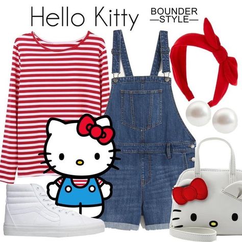 Diy Hello Kitty Costume, Hello Kitty Ropa, Outfit With Overalls, Hello Kitty Halloween Costume, Hello Kitty Outfit, Hello Kitty Costume, Sanrio Outfits, Kitty Outfit, Trio Halloween Costumes