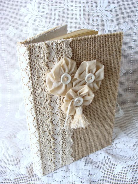 Burlap and Lace Guest Book Journal Diary Notebook Wedding Guestbook Prayer Journal Tattered Shabby handmade Fabric Flowers Notebook Wedding, Handmade Fabric Flowers, Doilies Crafts, Fabric Book Covers, Burlap And Lace, Diary Notebook, Burlap Crafts, Shabby Chic Crafts, Fabric Journals