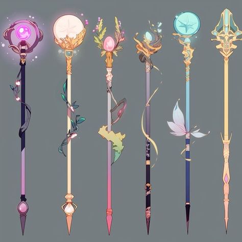 Wand Ideas Drawing, Magic Staff Drawing, Magic Wand Fantasy Art, Staff Designs Magic, Wands Drawings, Magic Accessories Art, Magical Staff Design, Magic Wand Design Art, Fantasy Staff Design