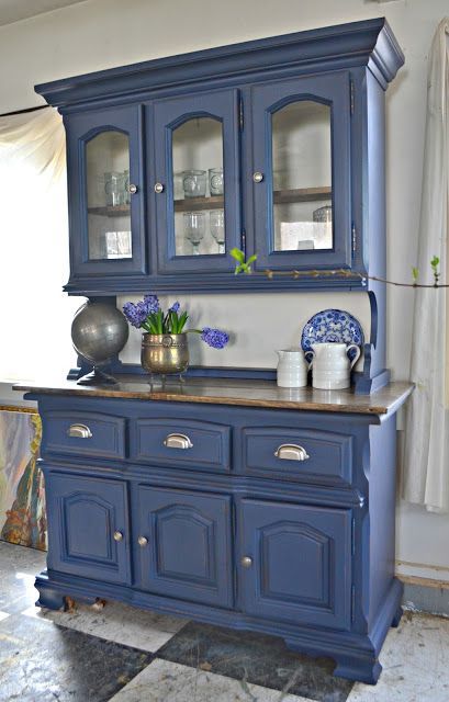 Dark Blue China Cabinet, Refurbished China Cabinet Farmhouse, China Cabinet Makeover, Painted China Cabinets, Hutch Makeover, Kitchen Hutch, China Hutch, China Cabinets, Blue Furniture