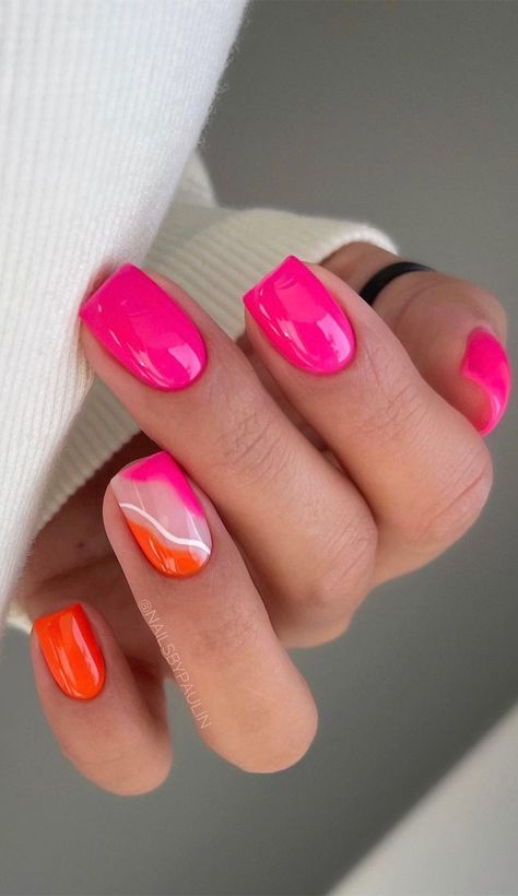 hot pink nails, bright pink nails, hot pink french tips, hot pink french manicure, hot pink nail designs, vibrant pink nails, hot pink nails colour Holiday Acrylic Nails, Orange Nail, Milky Nails, Hot Pink Nails, October Nails, Nagel Tips, Christmas Gel Nails, Simple Gel Nails, Summery Nails