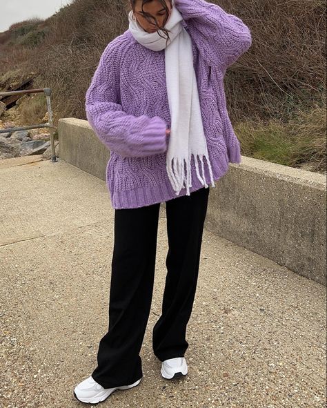 Purple Sweater Outfit Aesthetic, Purple Fall Outfit, Purple Jumper Outfit, Light Purple Sweater Outfit, Purple Knit Sweater Outfit, Purple Sweatshirt Outfit, Wool Sweater Outfit, Purple Sweater Outfit, Purple Jumpers