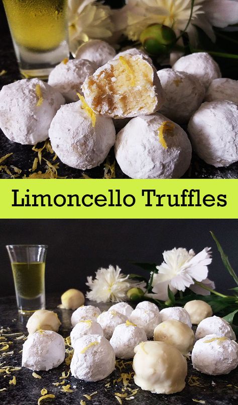 Limoncello Truffles : Joined forces of Limoncello and white chocolate and no baking required. Just enough to make you smile. Recipes With Limoncello, Limoncello Dessert Recipes, Mini Italian Desserts, Lemoncello Recipes Desserts, Limoncello Truffles, Truffles Lemon, Italian Kisses, Lemoncello Recipes, Easy Truffle Recipe