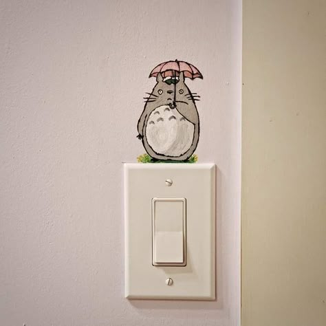 Totoro Wall Painting, Anime Wall Painting Bedroom, Light Switch Art Ideas, Totoro Bedroom Ideas, Bedroom Mural Ideas Aesthetic, Room Murals Aesthetic, Door Art Bedroom Aesthetic, Cool Wall Paintings, Light Switch Painting Ideas