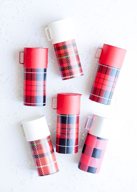 Mini Plaid Thermos Favors ⋆ Handmade Charlotte Leftover Wrapping Paper, Flannel Party, Plaid Party, Lumberjack Party, Wrapping Paper Crafts, Party Checklist, Vintage Thermos, Handmade Charlotte, Party New Year