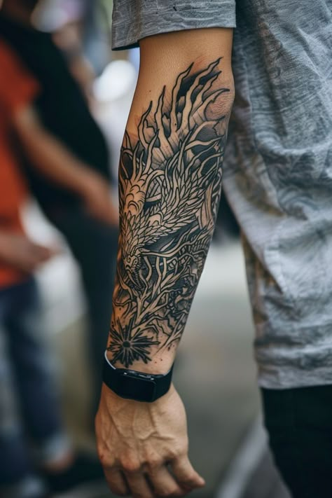 Explore the best meaningful forearm tattoo ideas for men with designs that carry deep significance. Mens Forearm Wrap Around Tattoo, Right Forearm Tattoo Men, Tattoo Ideas For Men Sleeve Meaningful, Badass Tattoos Men, Men’s Forearm Sleeve, Forearm Sleeve Men, Forearm Tattoos Men Unique, Men Sleeve Tattoo Ideas Unique, Outer Forearm Tattoo Men Unique