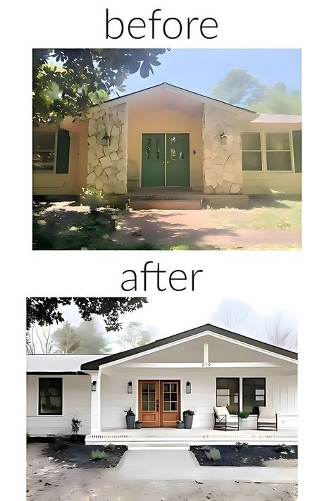 Lone Fox Home Bungalow Exterior Makeover Before After, Small House Exterior Remodel, Window Before And After, Front Of House Before And After, House Restoration Before And After, Removing Shutters Before And After, Ranch Home Exteriors Before And After, Small Home Remodel Before After, Flat Front House Makeover