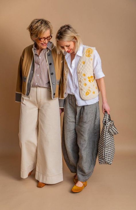 Relaxed Outfits Women Fall, Olive Green And Tan Outfit, Graham Street Fashion, Modern Grandma Style, Striped Shirt Outfit Woman, Fitted Shirt Outfit, Old Woman Style, Quilted Vest Outfit, Pants Outfits For Women