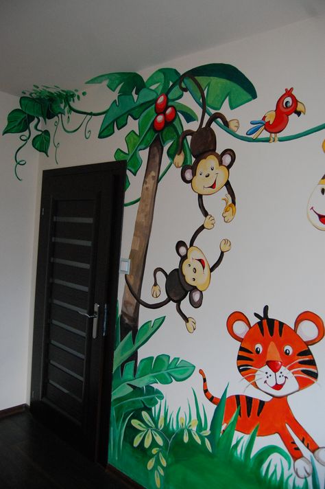 Drawing On Wall, Abstract Monkey, Fairy Mural, Wall Painting Abstract, School Wall Art Ideas, Church Nursery Decor, School Wall Decoration, Nursery Wall Painting, Monkey Drawing