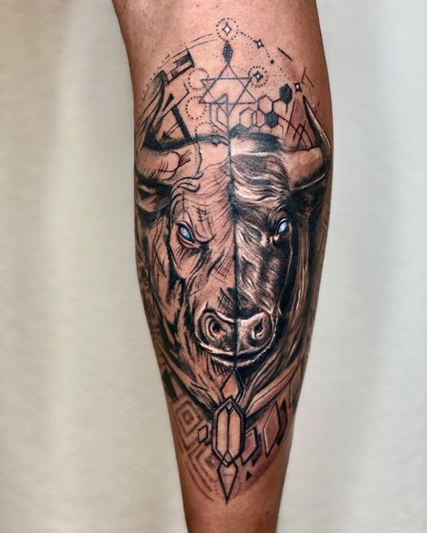 30+ Taurus Tattoos That Are As Awesome As The Sign It Represents - 100 Tattoos Taurus Half Sleeve Tattoo, Taurus Tattoo Men Forearm, Taurus Arm Tattoo Men, Taurus Bull Tattoos For Men Arm, Tattoo Ideas For Men Taurus, Bull Calf Tattoo, Mens Taurus Tattoo, Taurus Tattoo Men Zodiac Design, Taurus Sleeve Tattoo For Men