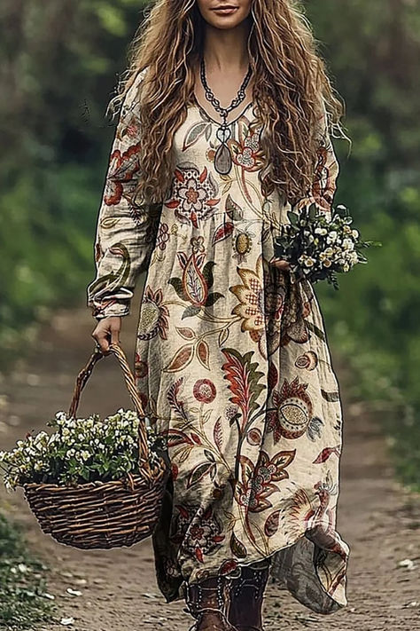 🎁2024 New Arrivals！Limited Time Offer Folk Floral, Cottage Core Dress, Floral Art Print, Floral Prints Art, Pocket Dress, Long Sleeve Maxi Dress, Cottage Core, V Neck Dress, Jersey Dress