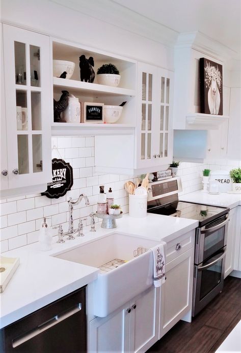 My farmhouse kitchen transformation. #farmhousekitchen #modernfarmhouse #kitchenrenovations #kitchen #whitekitchen #farmhouse sink #apronsink Kitchen Sink With No Window Ideas, Kitchen Sinks Without Windows, Kitchen Sink No Window Ideas, Sink Without Window, Kitchen Sink Wall No Window, Kitchen Sink Without Window, Kitchen Without Window, Kitchen Sink No Window, Kitchen Sink With No Window