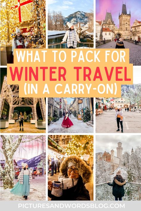 Here's the ultimate winter travel packing list, for a carry-on! If you're planning a trip this year, check out this winter packing list. With tons of ideas for cute winter outfits that capture the winter travel aesthetic. Whether you need a packing list for Christmas Markets, or a Europe winter packing list, this guide covers it all! Find out all the winter trip essentials that you need for your travels! Christmas Weekend Packing List, What To Pack For Copenhagen Winter, Pack Light For Travel Winter, Winter Travel Packing Carry On, Winter Outfits Traveling, What To Pack For A Winter River Cruise, Europe Travel Outfits Winter Carry On, Travel Capsule Winter, Travel Light Winter Outfits