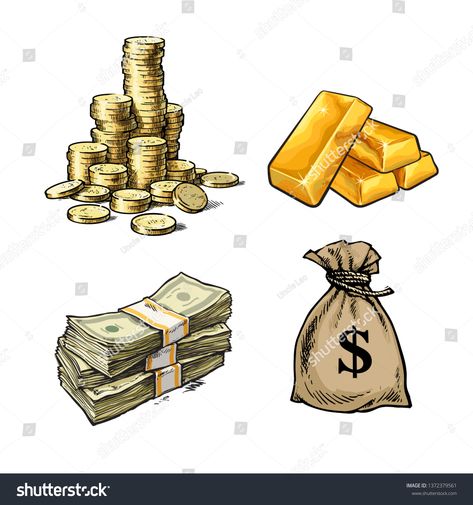 Finance, money set. Stack of coins, gold bars, paper money, sack of dollars. Sketch style hand drawn vector illustration isolated on white background. #Ad , #ad, #bars#gold#sack#paper Money Illustration Art, Coins Drawing, Pics Of Money, Coin Drawing, Money Artwork, Money Design Art, Money Sack, Money Illustration, Money Drawing