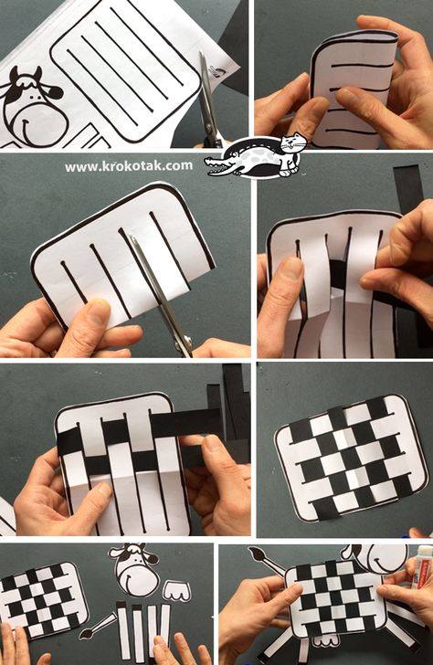 krokotak | COW IN BLACK AND WHITE برق بنزين, فن النسيج, Cow Craft, Paper Weaving, Animal Crafts For Kids, Elementary Art Projects, Kindergarten Art, Safari Party, Art N Craft