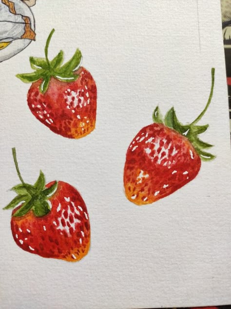 Strawberry Drawing Watercolors, Strawberry Drawing Colored Pencil, Oil Pastel Strawberry Drawing, Strawberry Aesthetic Painting, Realistic Strawberry Painting, Strawberry Art Reference, Painting Of A Strawberry, Color Pencil Strawberry, Oil Painting Strawberry