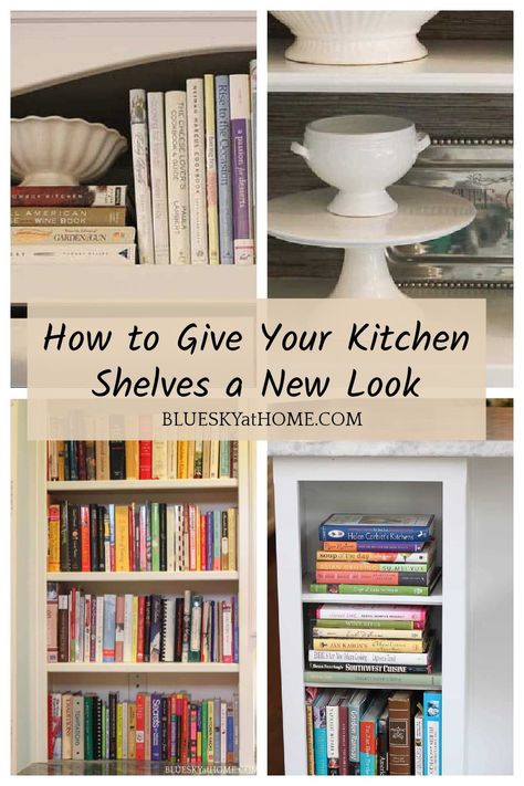 How to Give Your Kitchen Shelves a New Look. Give your kitchen shelves a makeover with some rearranging. Use these tips to reorganize. How To Dress Kitchen Shelves, Cookbook Shelf In Kitchen, Bookshelf In Kitchen, Kitchen Bookshelf Ideas, Blue Accents Living Room, Simple Winter Decor, Kitchen Bookshelf, Cookbook Shelf, Dining Room Shelves