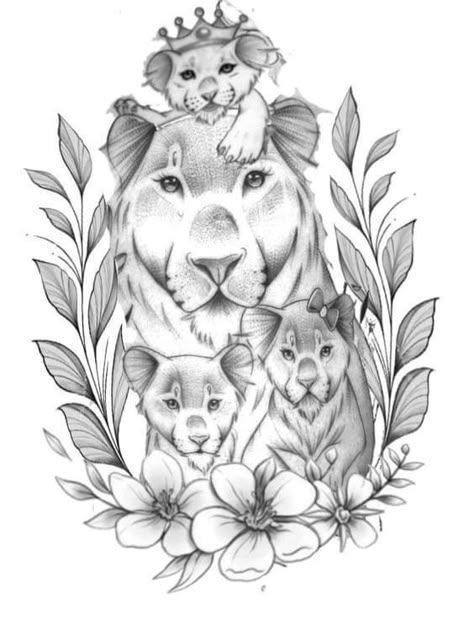 Family Of 5 Drawing, Family Of 5 Tattoo, Linda Tattoo, Lioness And Cub Tattoo, Lioness Tattoo Design, 5 Tattoo, Lion Art Tattoo, Kids Tattoo, Lioness Tattoo