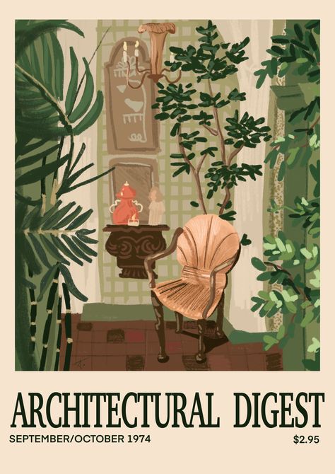 This is a digitally drawn illustration inspired in the cover of “Architectural Digest” 1974, making it vintage. Poster Design Architecture, Poster 2023, Wall Green, Architecture Vintage, Vintage Cover, Bathroom Artwork, Vintage Architecture, Vintage Poster Design, Dorm Posters