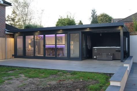 Case Study: Ultimate Garden Room with Hot Tub In Sussex | Bakers Garden Buildings Garden Annexe, Garden Office Ideas, Garden Rooms Uk, Cosy Garden, Garden Gym, Garden Cabin, Contemporary Garden Rooms, Garden Lodge, Cabin Office