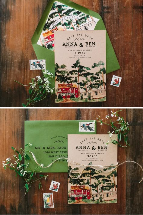 Camp Wedding Save The Date, Wedding Themes Invitations, Save The Date Forest Theme, Nature Save The Date, Camp Wedding Invitations, Rustic Wedding Invitations, Fun Save The Date Ideas, Save The Dates Ideas, Camping Wedding Invitations