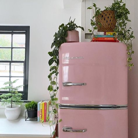 Big Chill on Instagram: “Pink fridge ❤️ with @_lisa_dawson_ ⁣ ⁣ “PINK LEMONADE FRIDGE? Yes please 💞⁣ Beloved of Scarlett Johansson and Drew Barrymore – and now me 😂…” Pink Fridge Aesthetic, Plants On Fridge Ideas, Plants On Refrigerator, Plants On Top Of Refrigerator, Retro Mini Fridge Decor, Plant On Fridge, Vintage Fridge In Kitchen, Top Fridge Decor, Over Fridge Decor