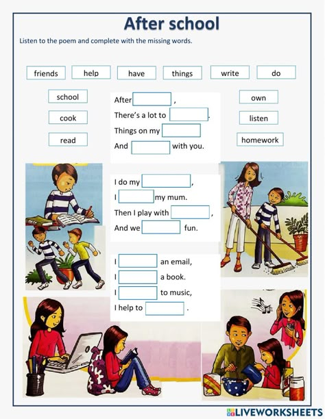 After School Activities Worksheets, After School Worksheet, After School Activities For Elementary, After School Activities For Kids, Poem Worksheet, English Liveworksheet, Listening Worksheet, School Poem, Poems About School