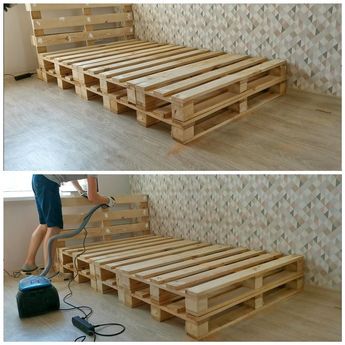 HI! Today i will show you how to make simple bed frame from standard EUR pallets (120 cm x 80 cm) for a 100 cm x 200 cm bed. It took me about 4-5 hours to complete, designing as we went. Materials:7 standard EUR pallets (120 CM long x 80 cm wide) In Europe, all pallets are safe to use - just look for HT for heat treated. But i ordered a new pallets, so i'm fully sure that they are safe for health. If you will use old pallets, make sure your pallets don't have nasty stuff on them b… Palette Bed, Pallet Bed Frame Diy, Wood Pallet Beds, Pallet Bed Frames, Pallet Bed Frame, Make A Bed, Simple Bed Frame, Diy Pallet Bed, Pallet Beds